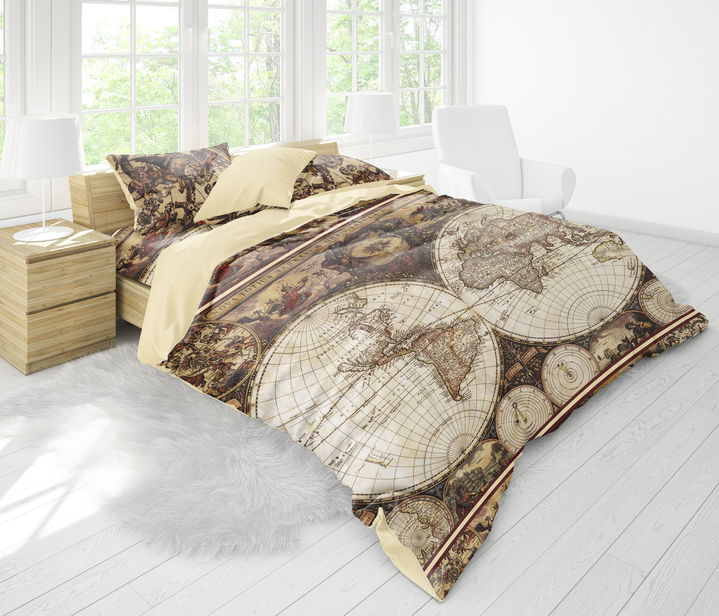 Personalised old vintage map design Duvet quilt cover Bedding set • Reversible design • Cotton • microfiber • EU, USA sizes, queen, king