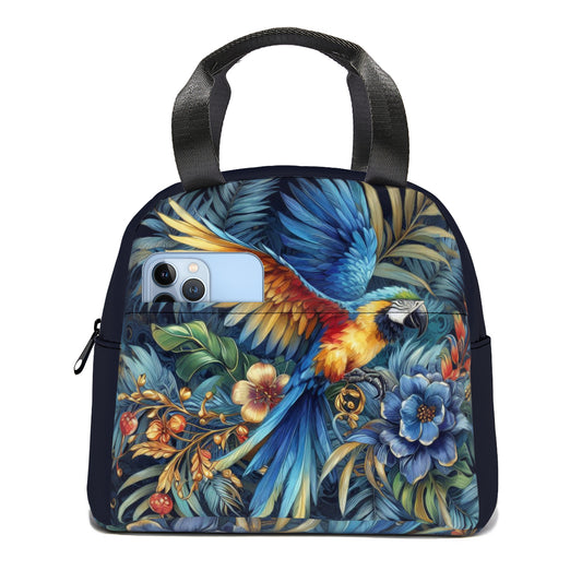 Tropical oil art macaw parrot jungle design canvas insulated tote bag