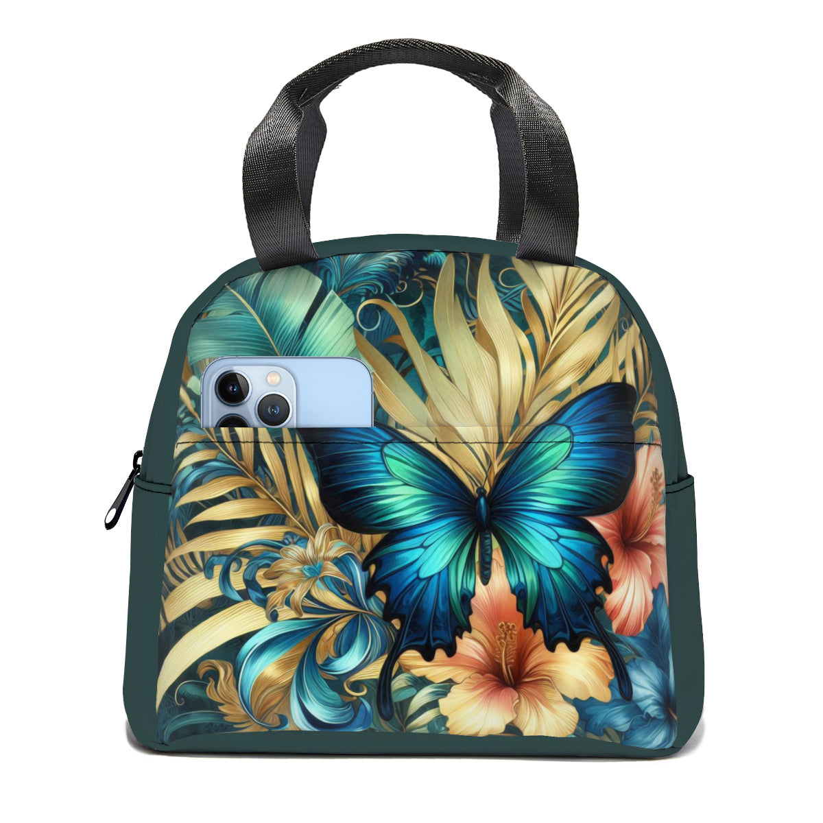 Tropical oil art blue butterfly jungle design canvas insulated tote bag