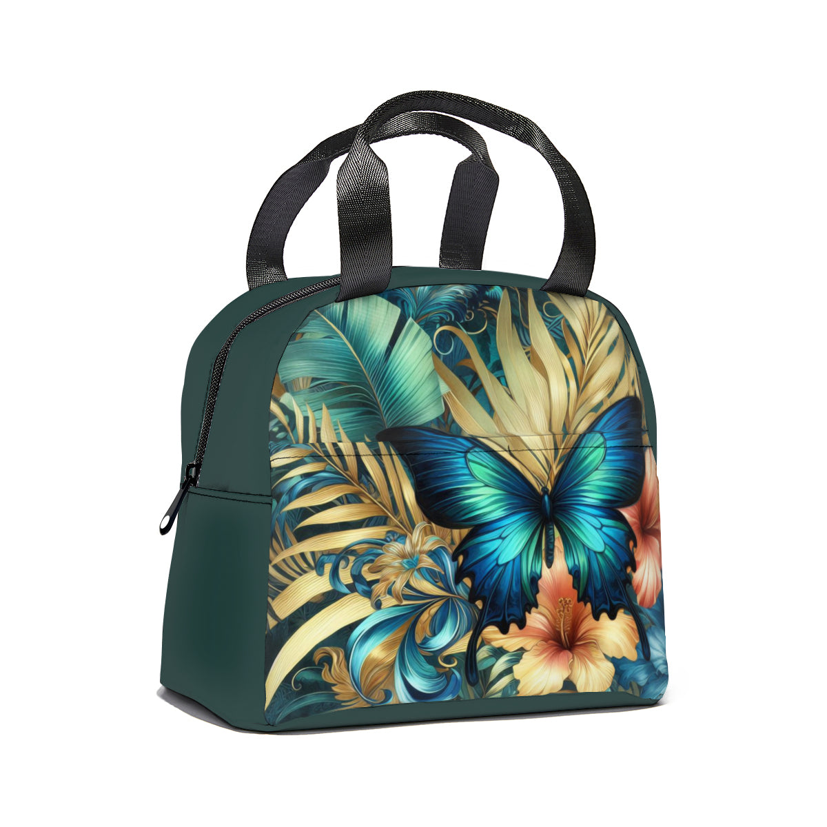 Tropical oil art blue butterfly jungle design canvas insulated tote bag