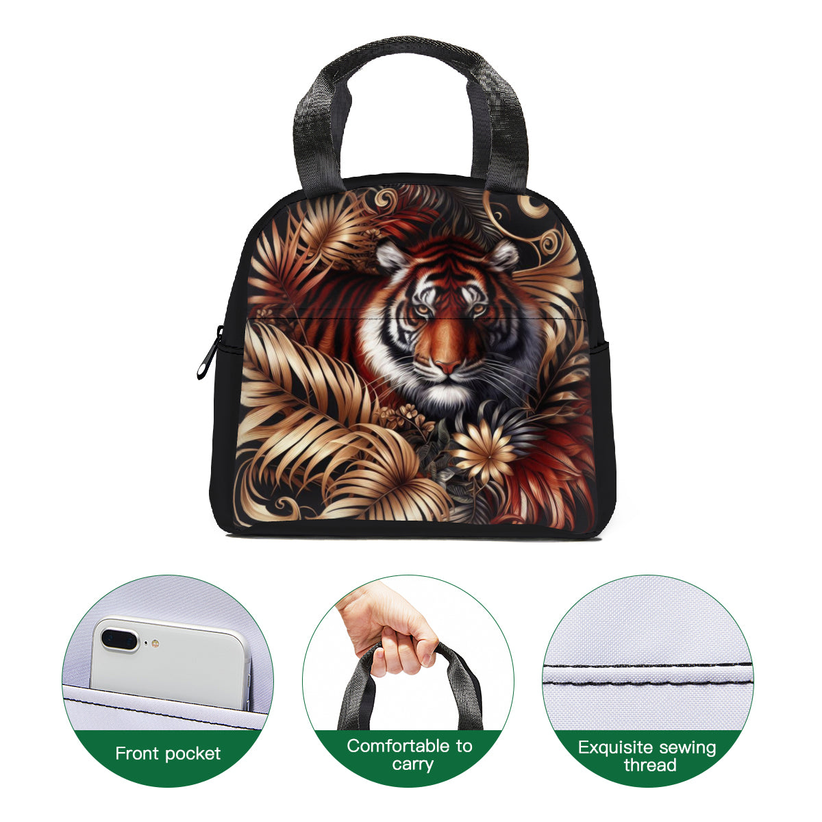 Tropical oil art tiger in jungle design canvas insulated tote bag