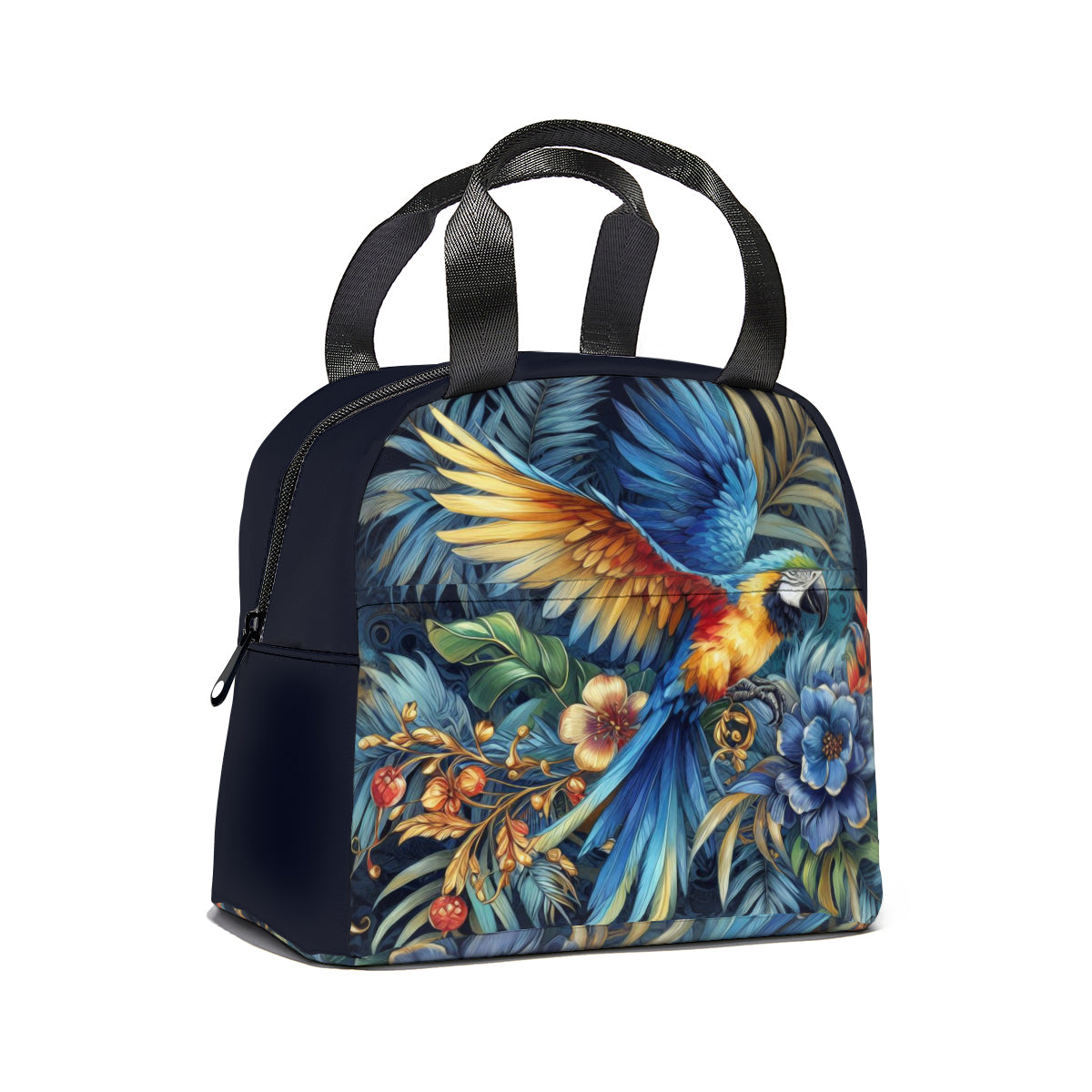 Tropical oil art macaw parrot jungle design canvas insulated tote bag