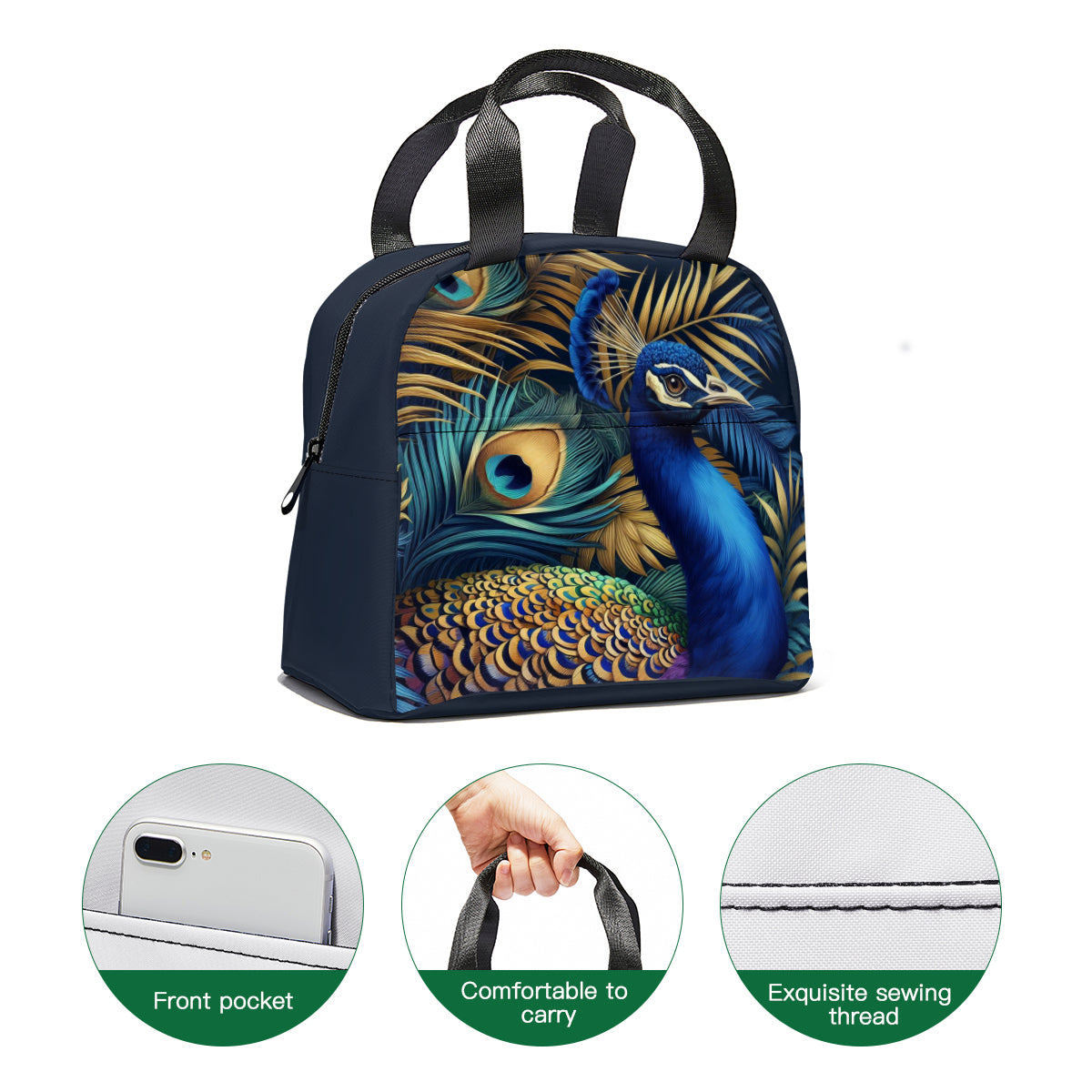 Tropical art peacock jungle design canvas insulated tote bag