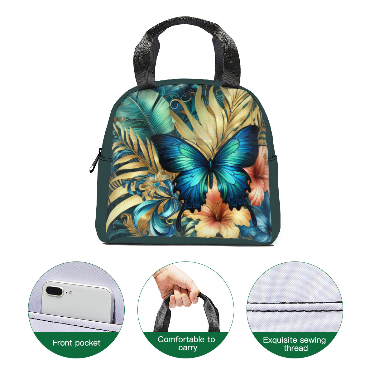 Tropical oil art blue butterfly jungle design canvas insulated tote bag