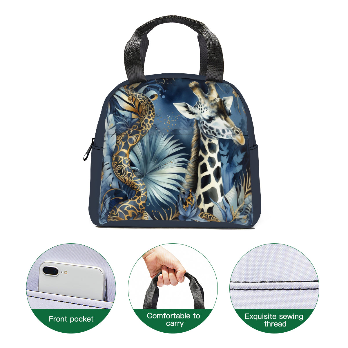 Tropical oil art giraffe jungle design canvas insulated tote bag