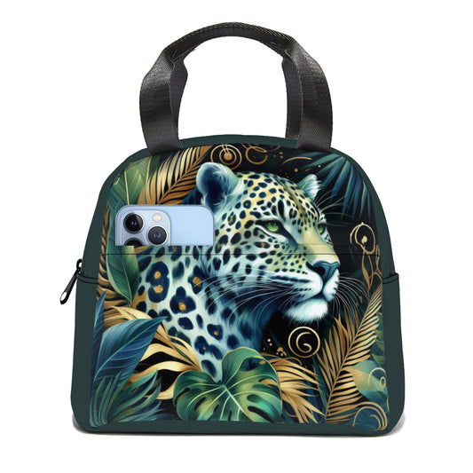 Tropical oil art white leopard jungle design canvas insulated tote bag