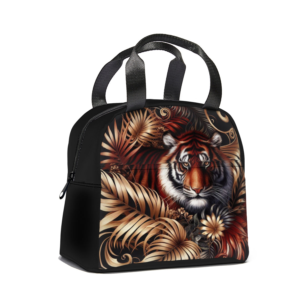 Tropical oil art tiger in jungle design canvas insulated tote bag