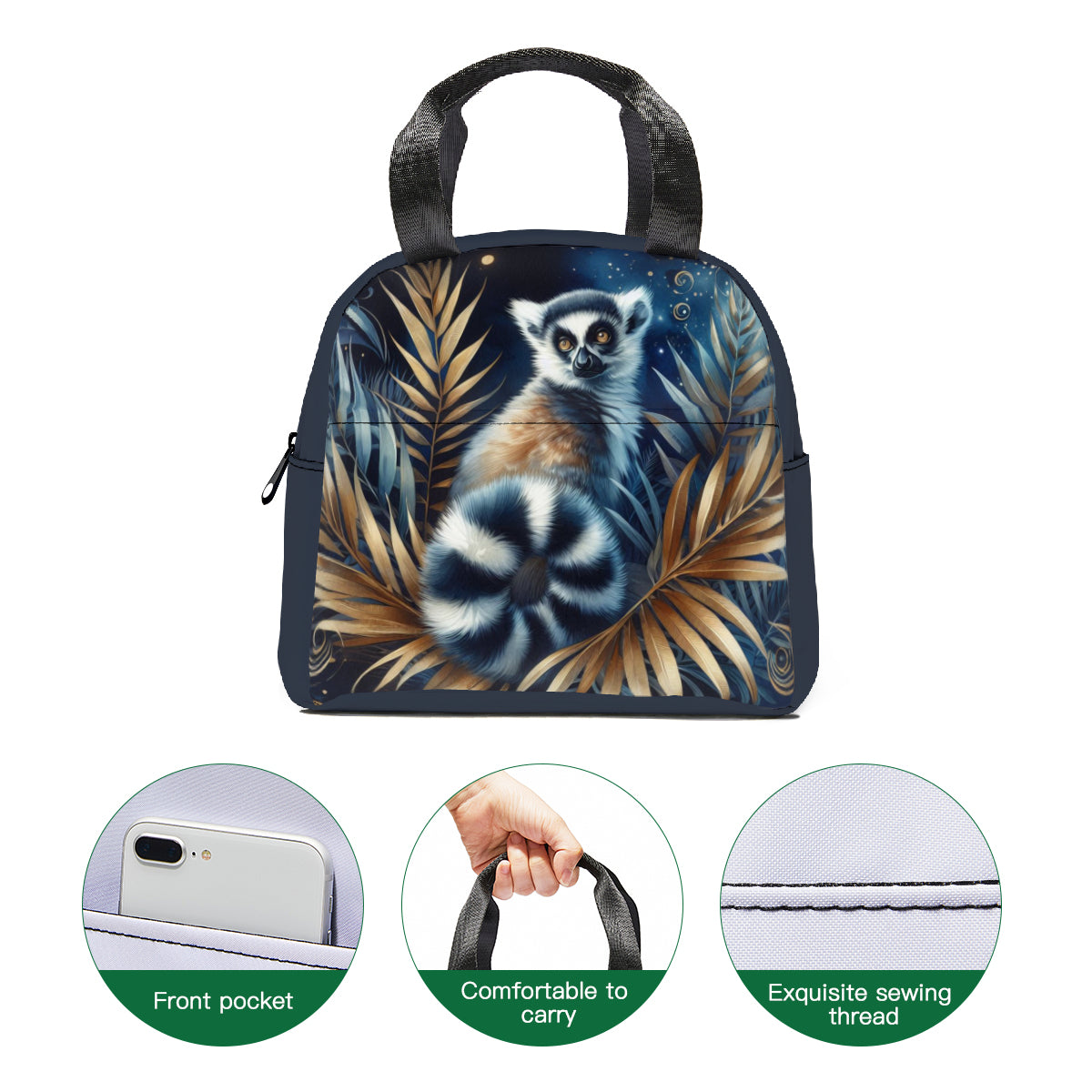 Tropical oil art  lemur jungle design canvas insulated tote bag