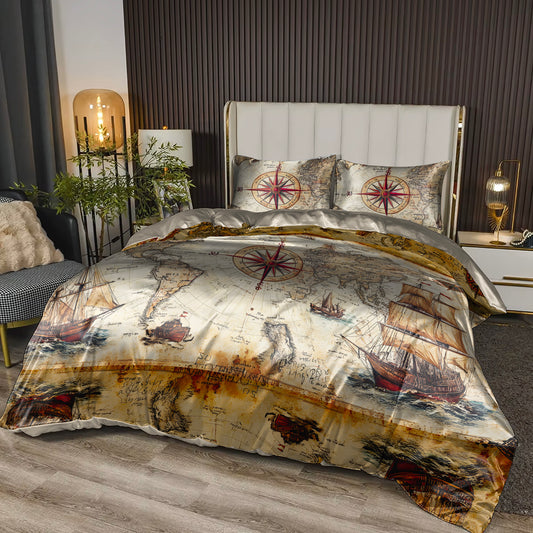 World Map Vintage Art Bedding Set | Luxurious Faux Silk or Bamboo Tencel | Fits All Sizes