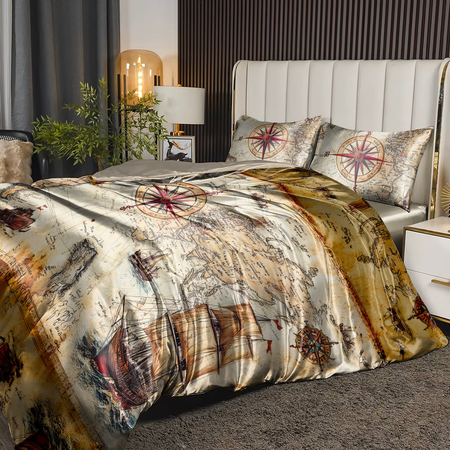 World Map Vintage Art Bedding Set | Luxurious Faux Silk or Bamboo Tencel | Fits All Sizes