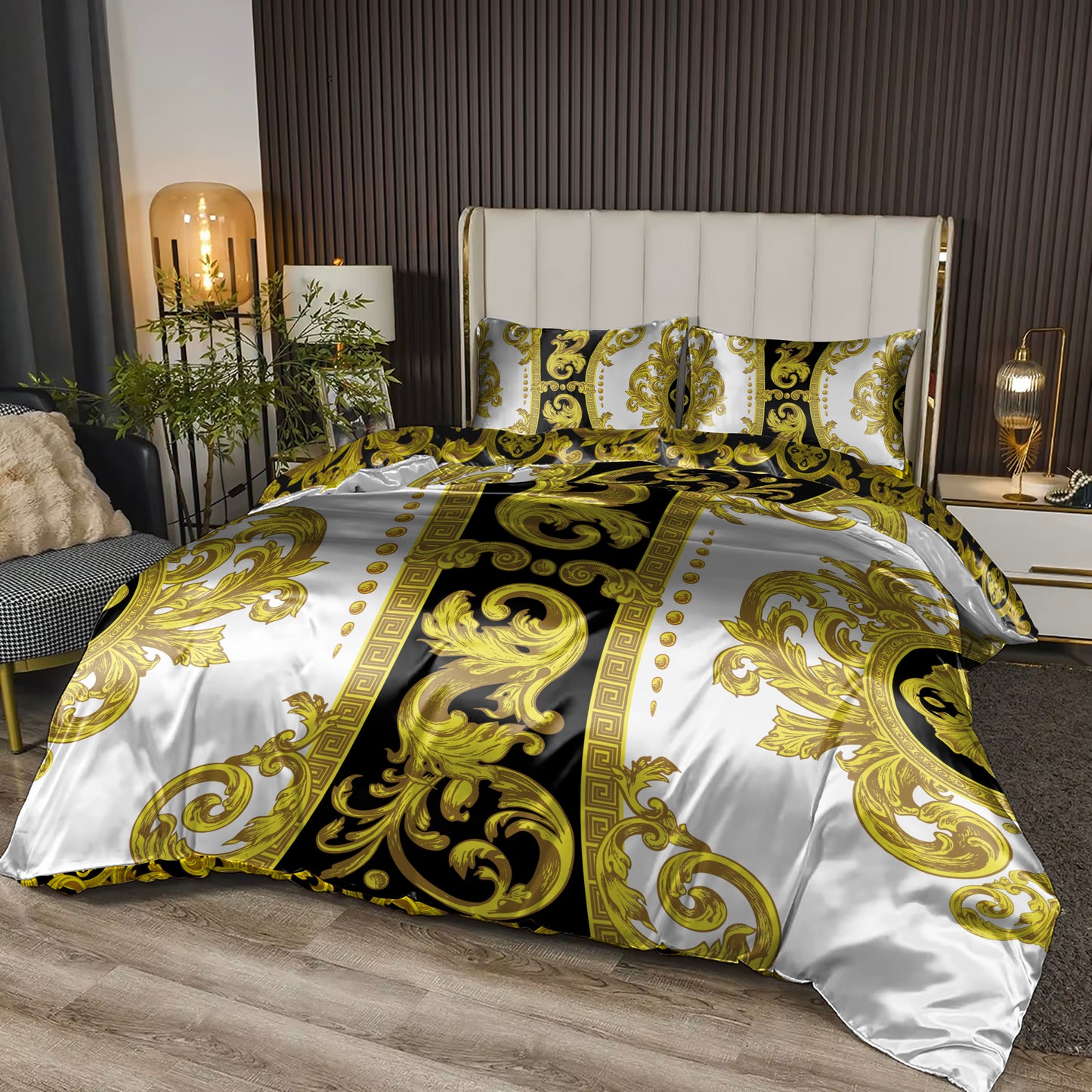 Silky Bedding set "Crete" Baroque Black Yellow White Personalised Romantic design  • Reversible design