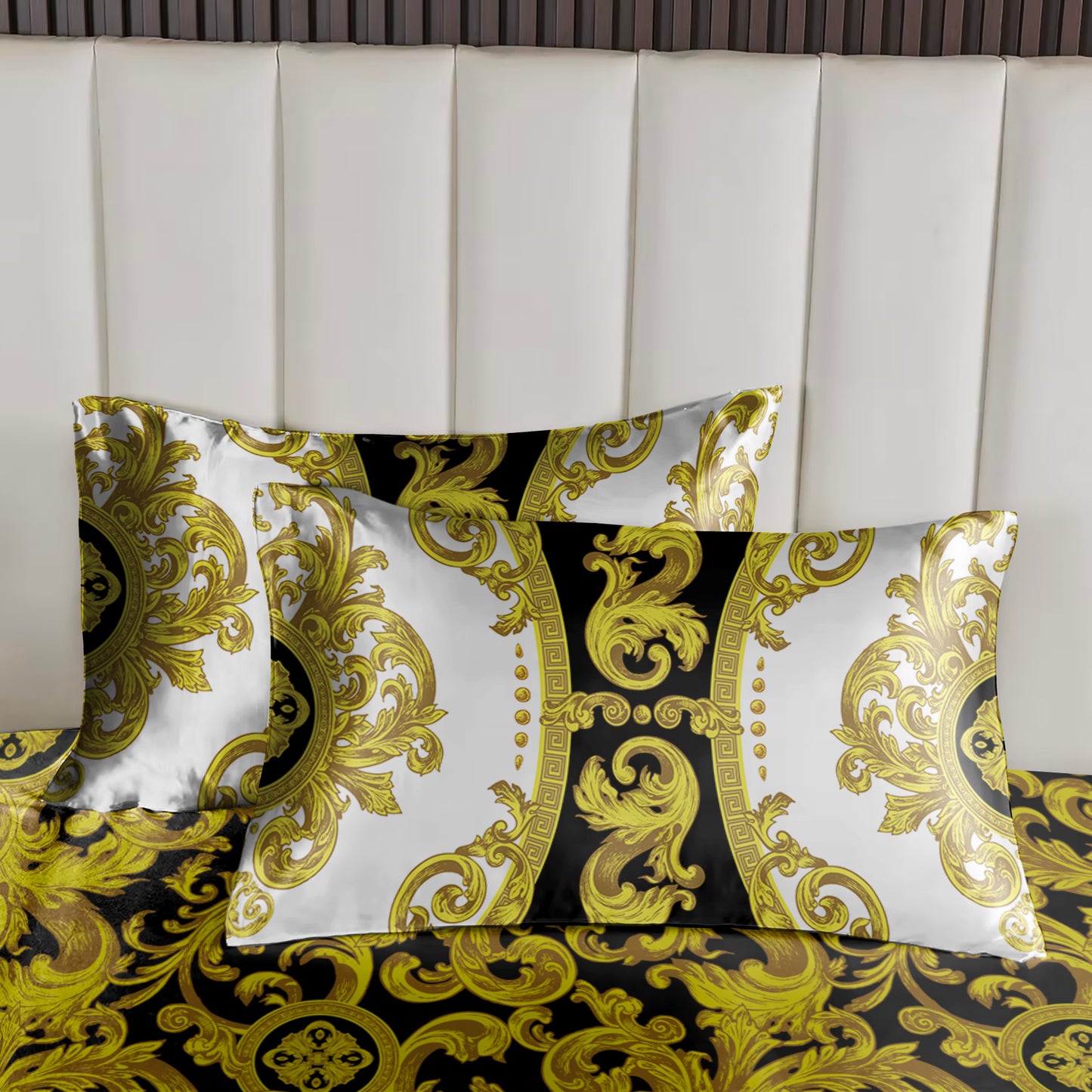 Silky Bedding set "Crete" Baroque Black Yellow White Personalised Romantic design  • Reversible design