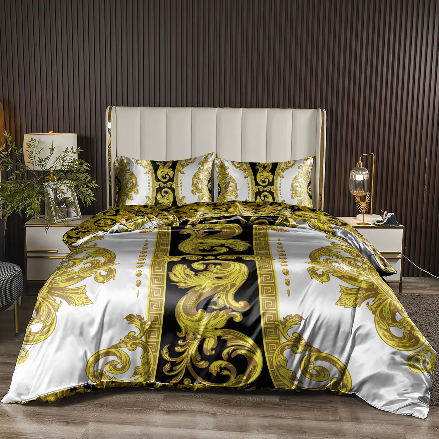 Silky Bedding set "Crete" Baroque Black Yellow White Personalised Romantic design  • Reversible design