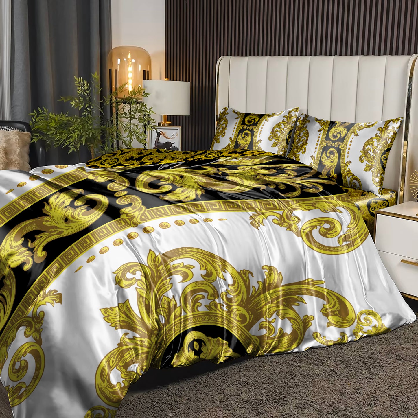 Silky Bedding set "Crete" Baroque Black Yellow White Personalised Romantic design  • Reversible design