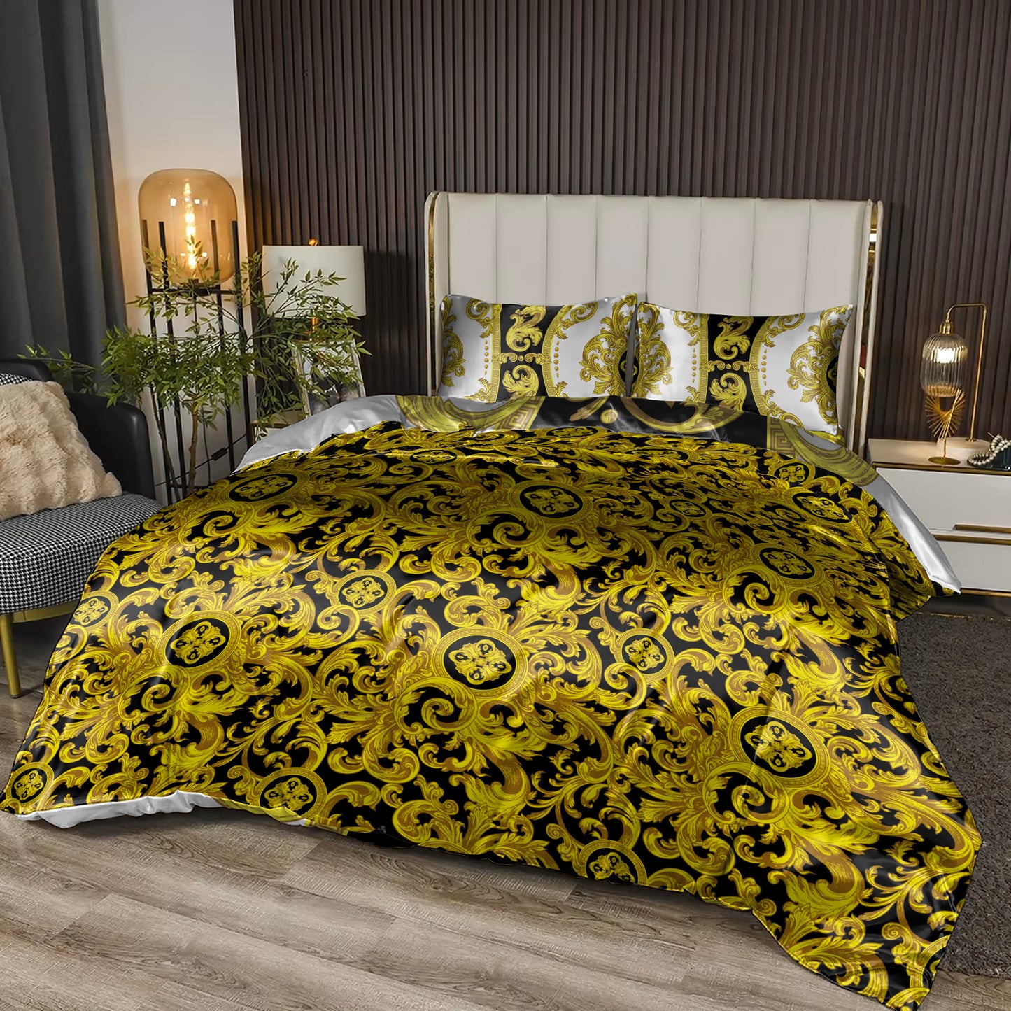 Silky Bedding set "Crete" Baroque Black Yellow White Personalised Romantic design  • Reversible design