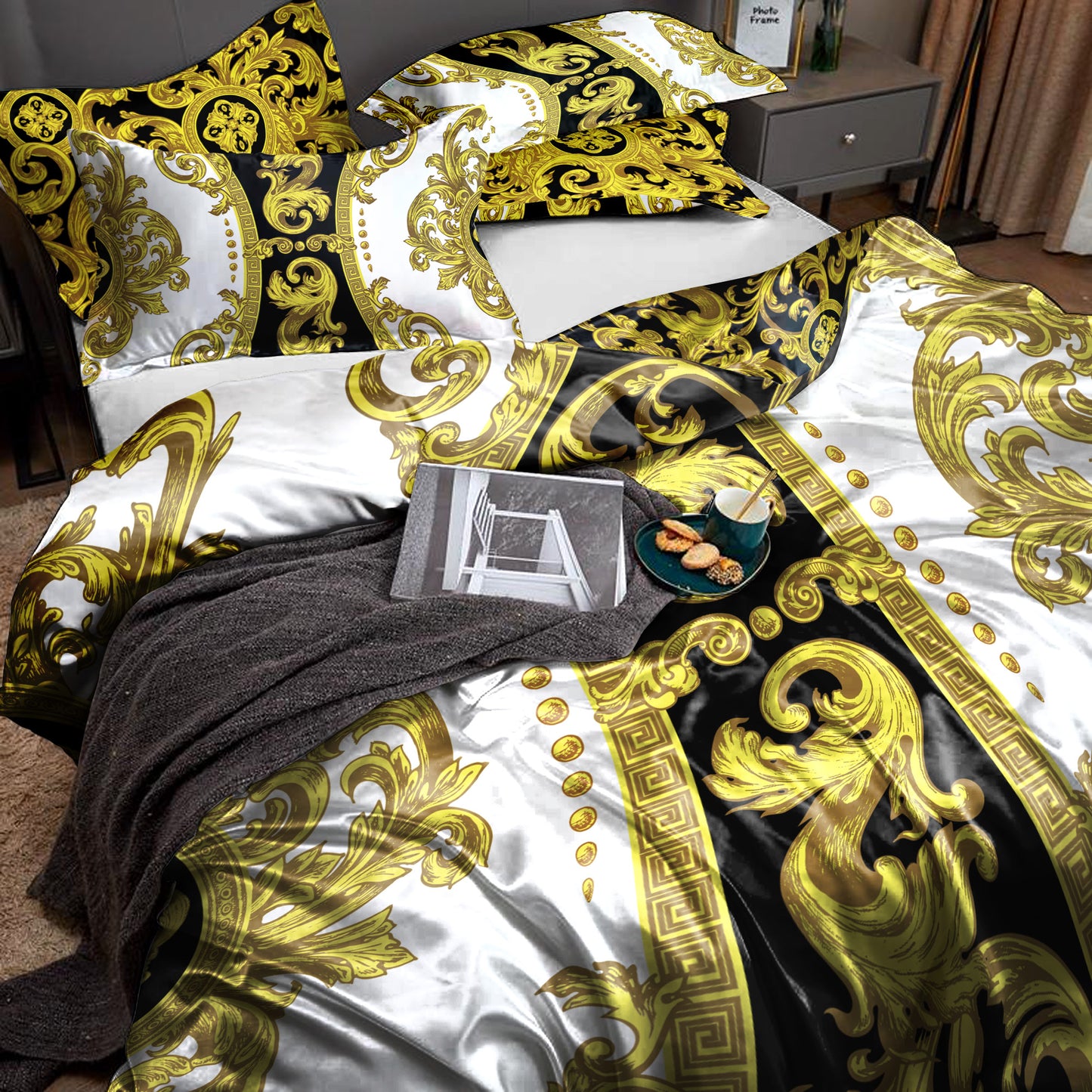 Silky Bedding set "Crete" Baroque Black Yellow White Personalised Romantic design  • Reversible design