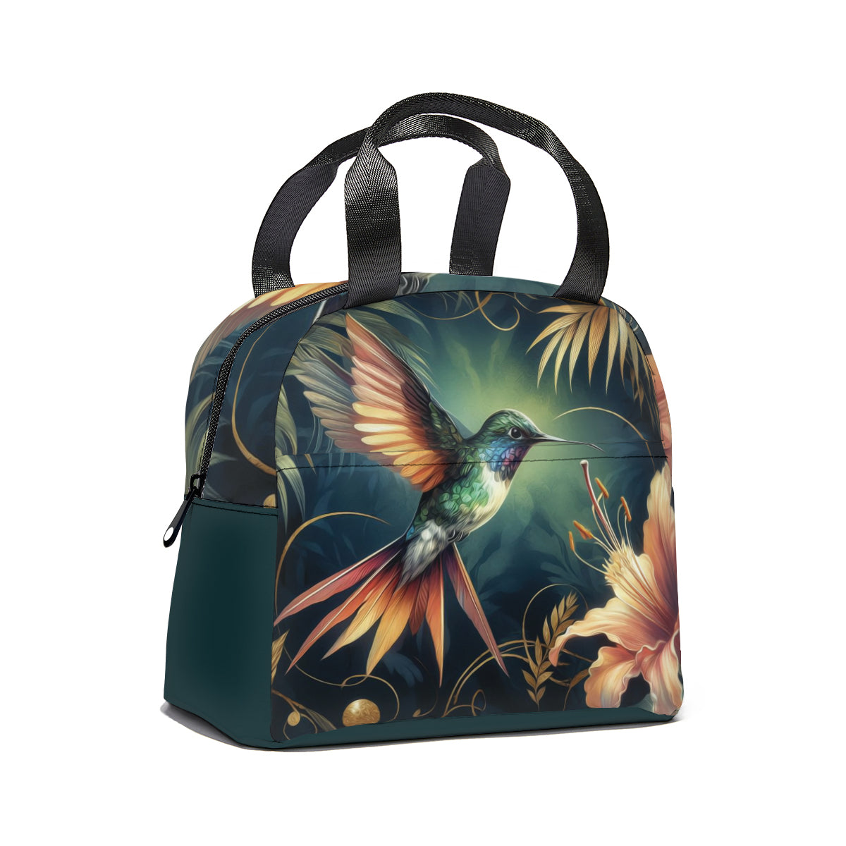 Tropical art peacock design canvas insulated tote bag • jungle dark green flowers