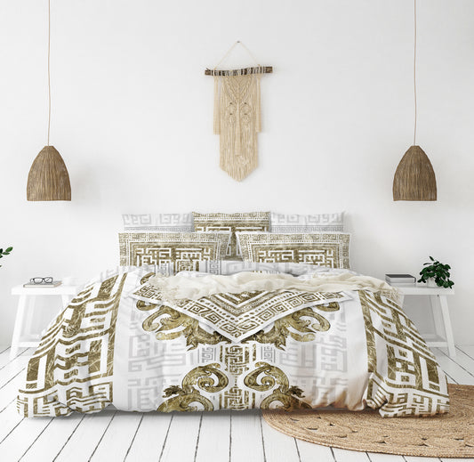 Juego de cama "Myconos"• Minimalismo estilo griego diseño blanco dorado • diseño reversible