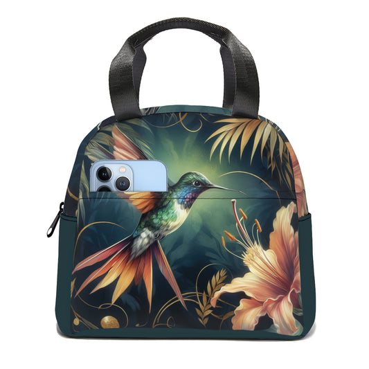 Tropical art peacock design canvas insulated tote bag • jungle dark green flowers