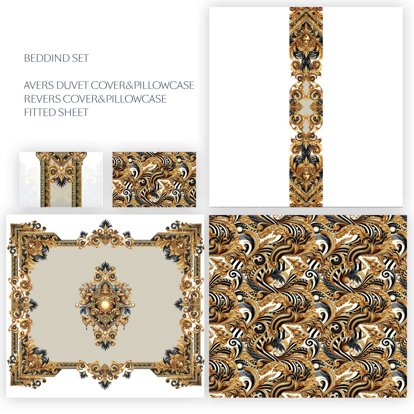 100% Cotton or polyester fabric 3/4 PSC bedding set "AMO" • exclusive Baroque Eccentric reversible personalized design • place your logo