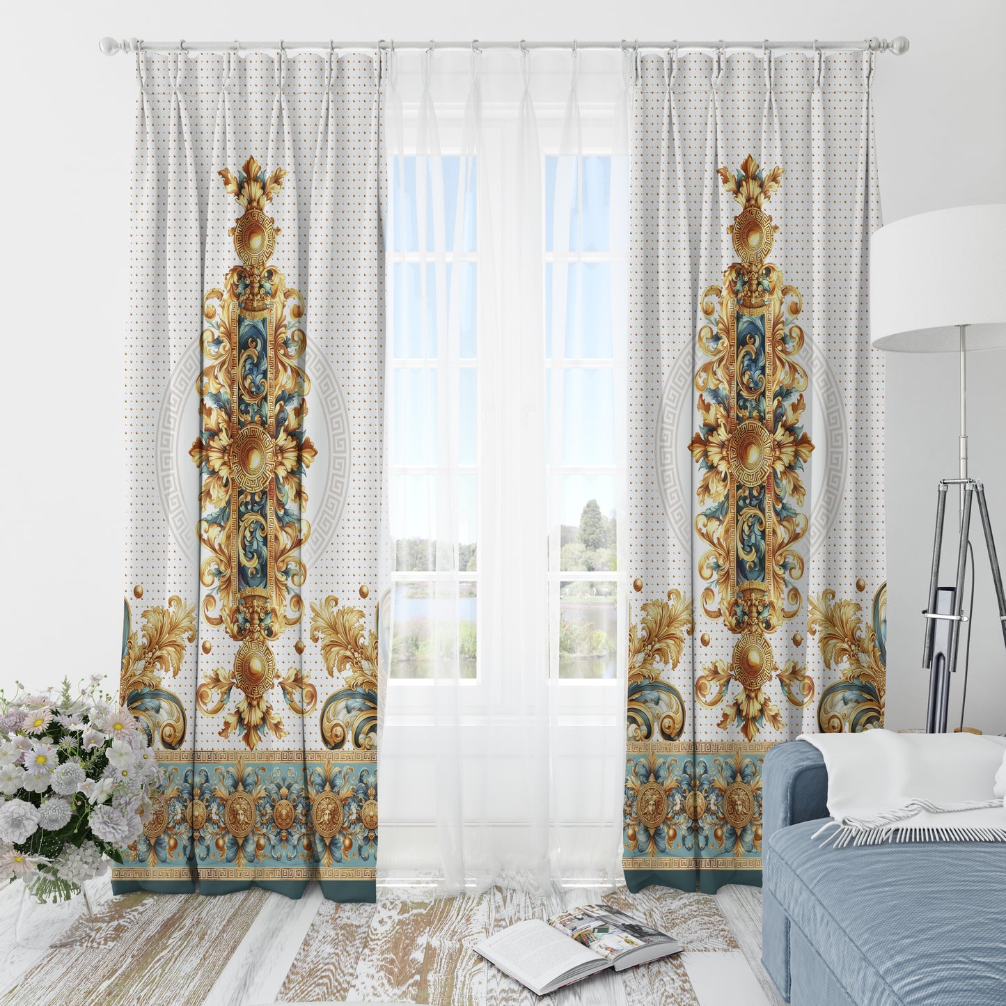 Curtains 2 PCS SET "Aliblue" • 20% | 50% | 80% blackout • Exclusive luxury baroque design