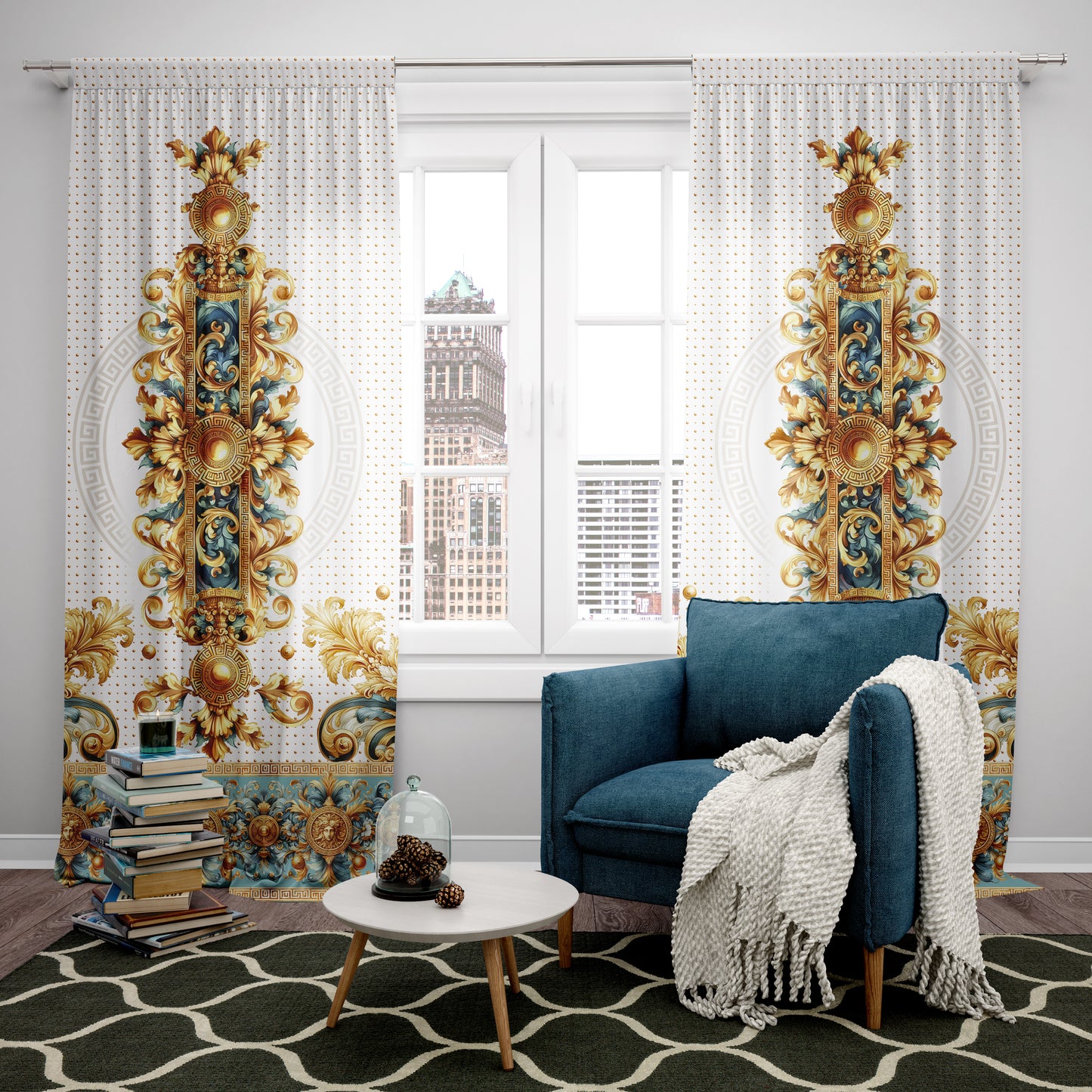 Curtains 2 PCS SET "Aliblue" • 20% | 50% | 80% blackout • Exclusive luxury baroque design