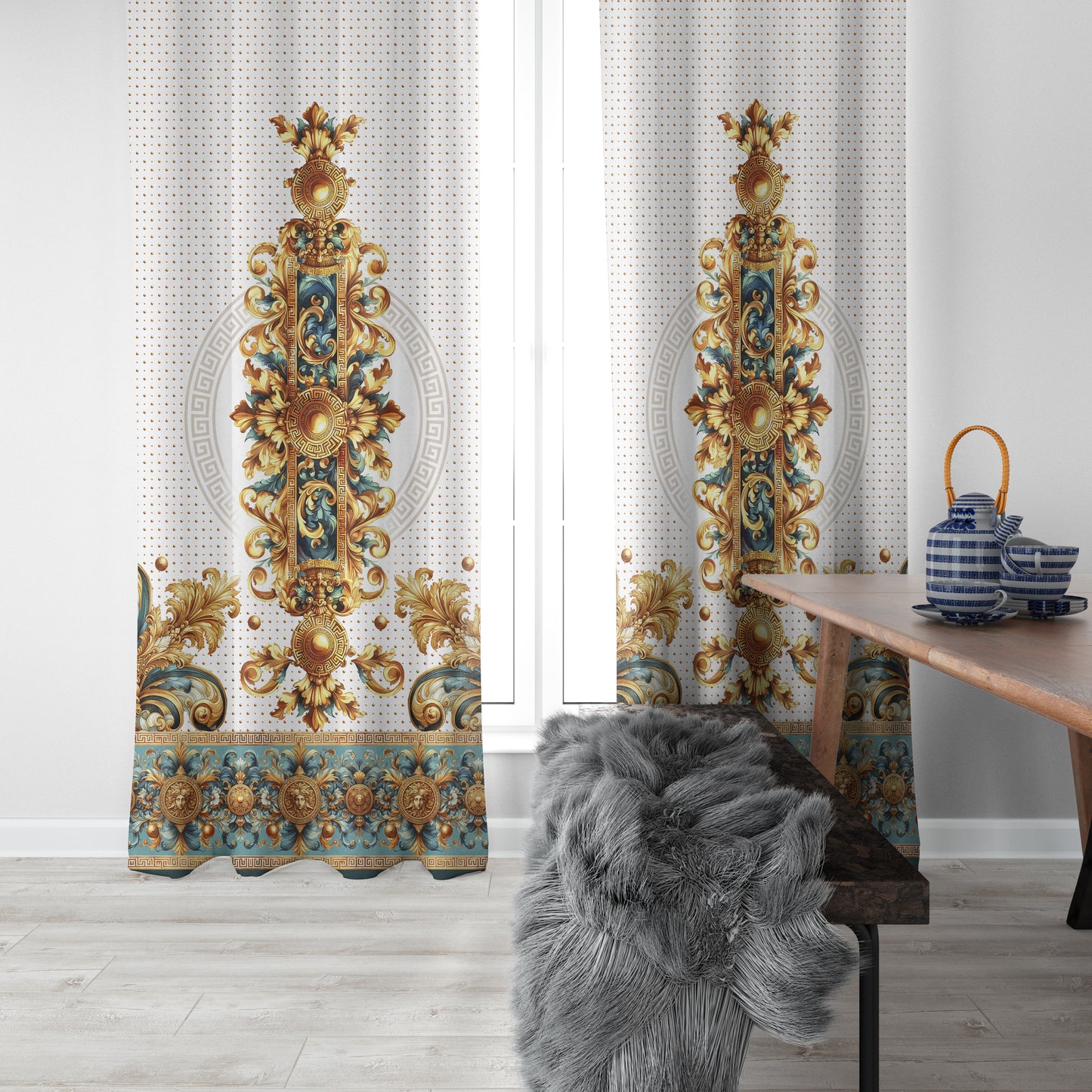 Curtains 2 PCS SET "Aliblue" • 20% | 50% | 80% blackout • Exclusive luxury baroque design