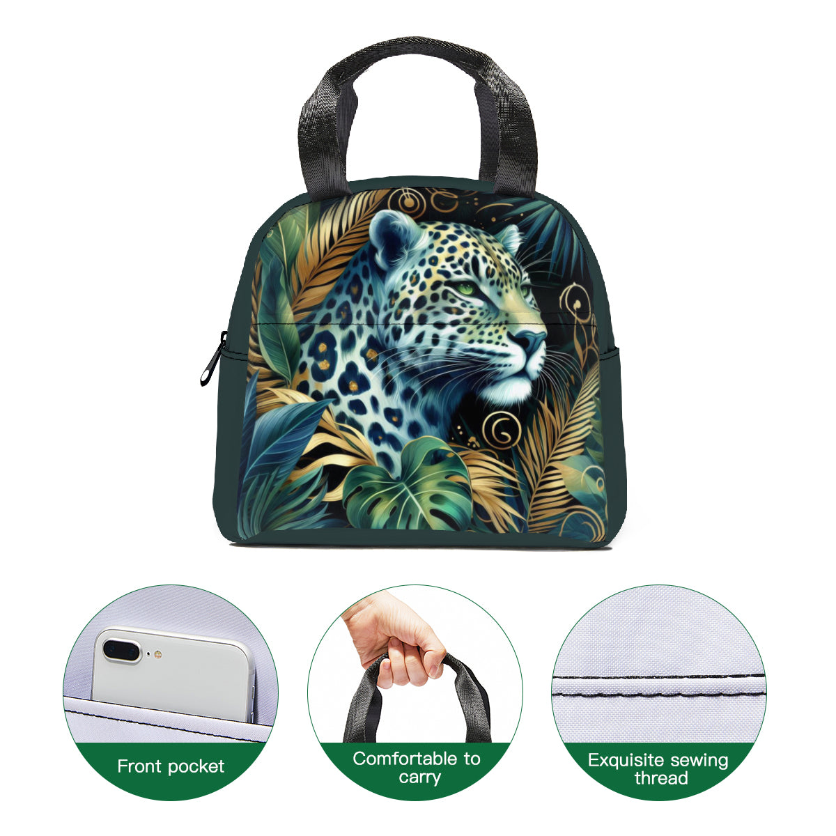 Tropical oil art white leopard jungle design canvas insulated tote bag