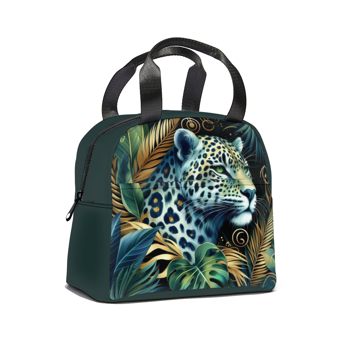 Tropical oil art white leopard jungle design canvas insulated tote bag