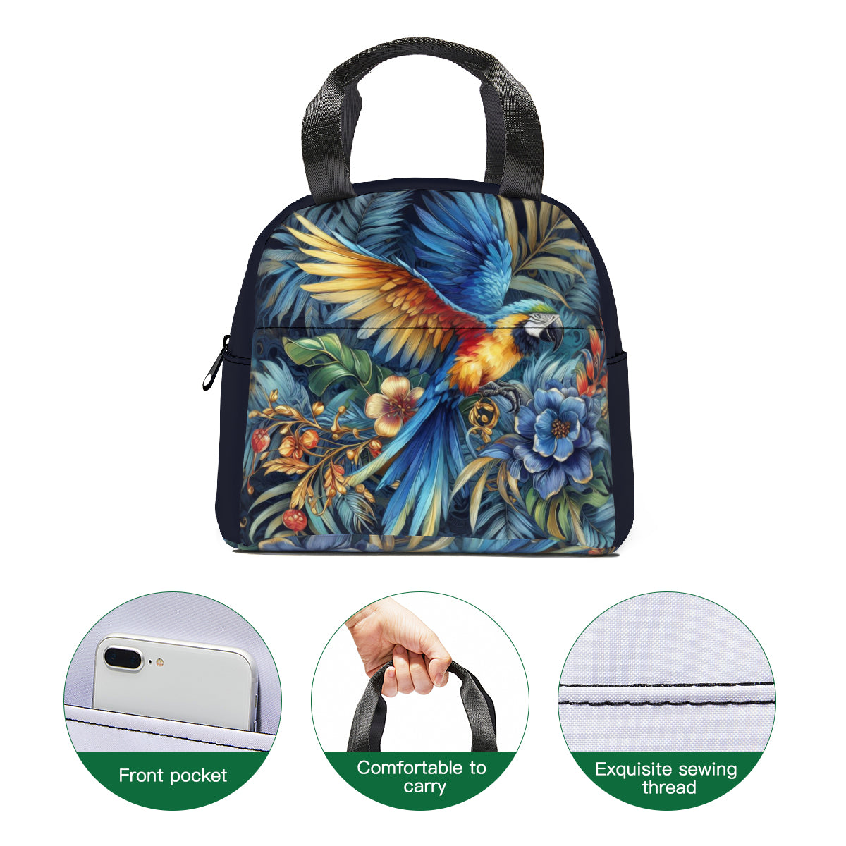 Tropical oil art macaw parrot jungle design canvas insulated tote bag