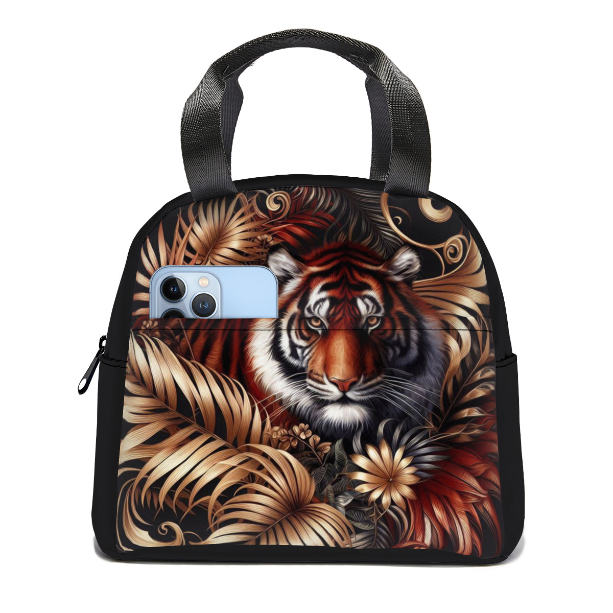 Tropical oil art tiger in jungle design canvas insulated tote bag