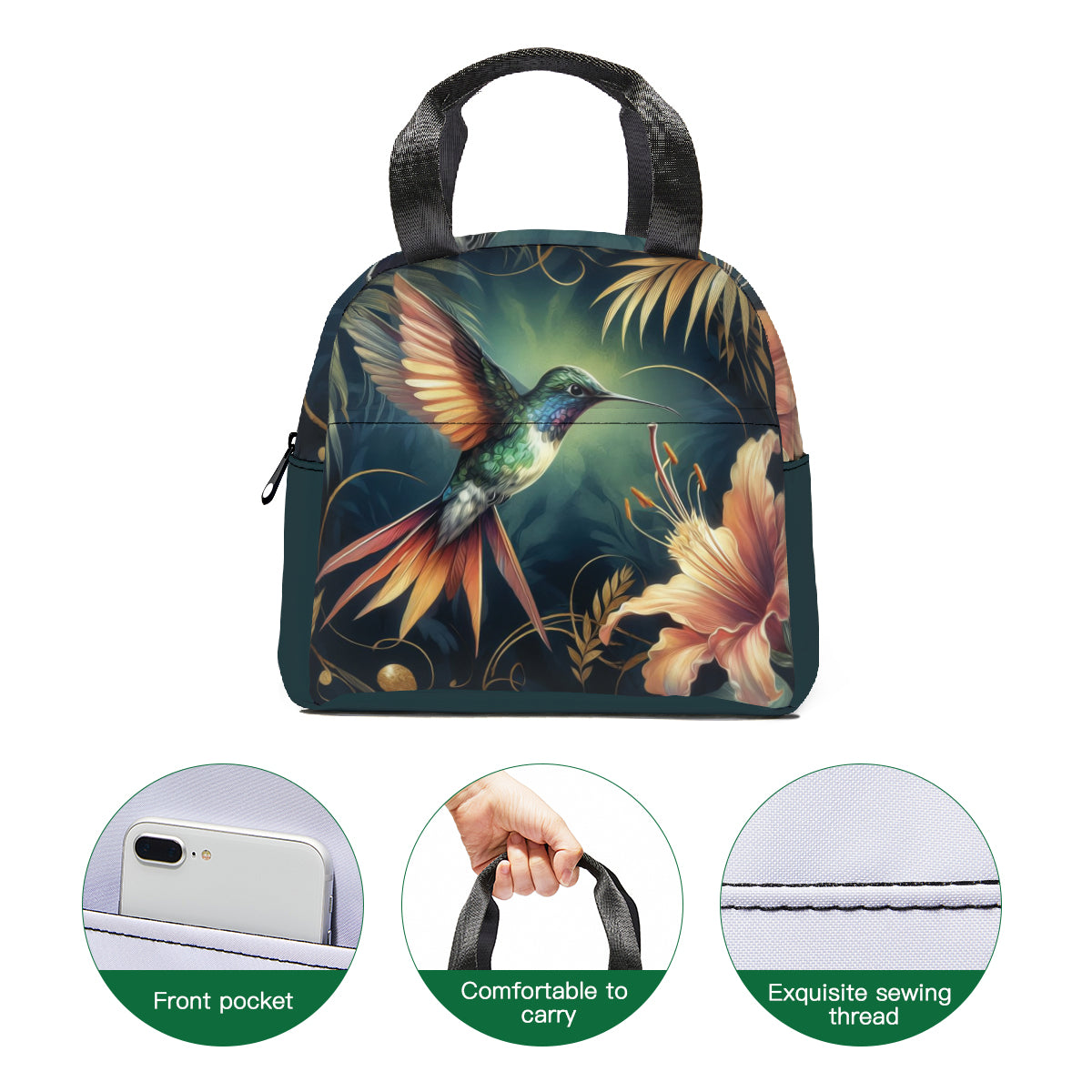 Tropical art peacock design canvas insulated tote bag • jungle dark green flowers