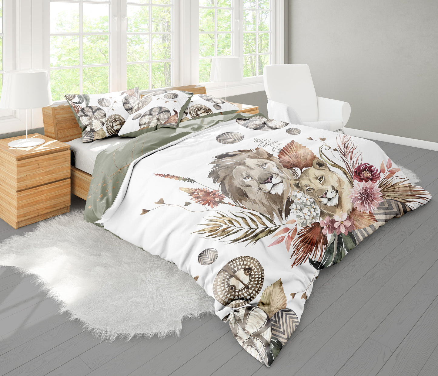 Romantic Safari-style design with watercolour lions Bedding set • 2 sided printed design • Cotton or microfiber fabric • AU, EU, USA