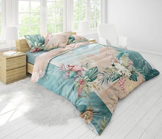 Juego de ropa de cama con pájaros tropicales • 100% algodón • Ropa de cama personalizada • Diseño reversible • Juego de funda nórdica QUILT • Full Queen King Todos los tamaños