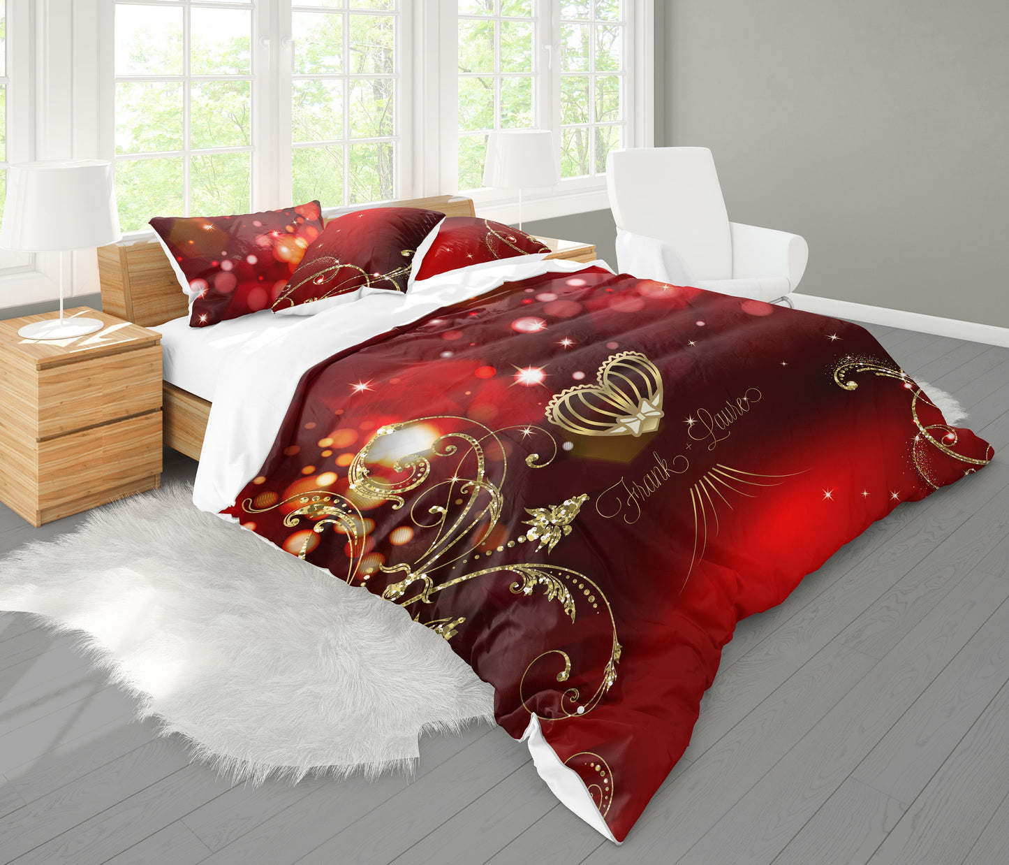 Regalo de boda personalizado rojo-dorado, juego de cama con funda nórdica y fundas de almohada de 100% algodón o poliéster tamaño queen, king size