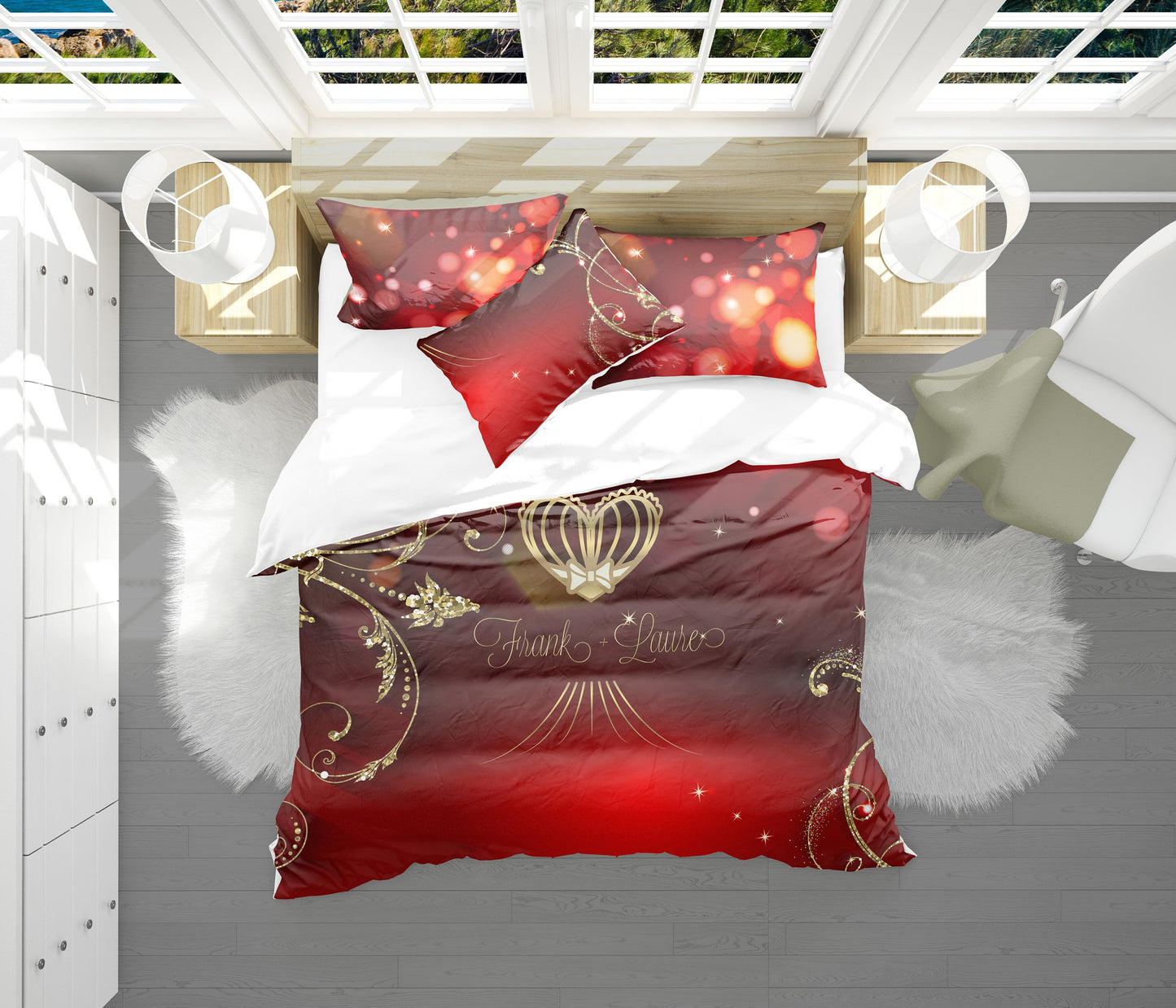 Regalo de boda personalizado rojo-dorado, juego de cama con funda nórdica y fundas de almohada de 100% algodón o poliéster tamaño queen, king size