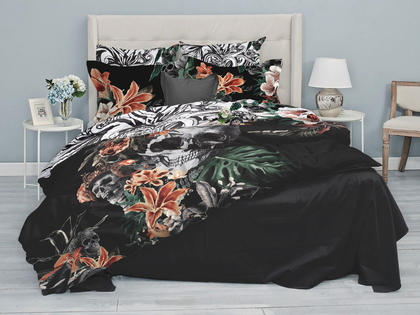 Romantic Skull Gothic design Bedding Set • 2 sided printed design • Personalised  • Duvet Cover Set With Pillowcases • Full Queen King