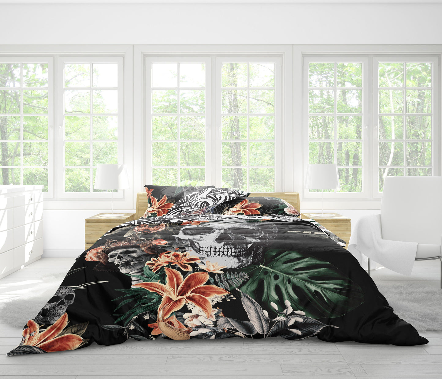 Romantic Skull Gothic design Bedding Set • 2 sided printed design • Personalised  • Duvet Cover Set With Pillowcases • Full Queen King