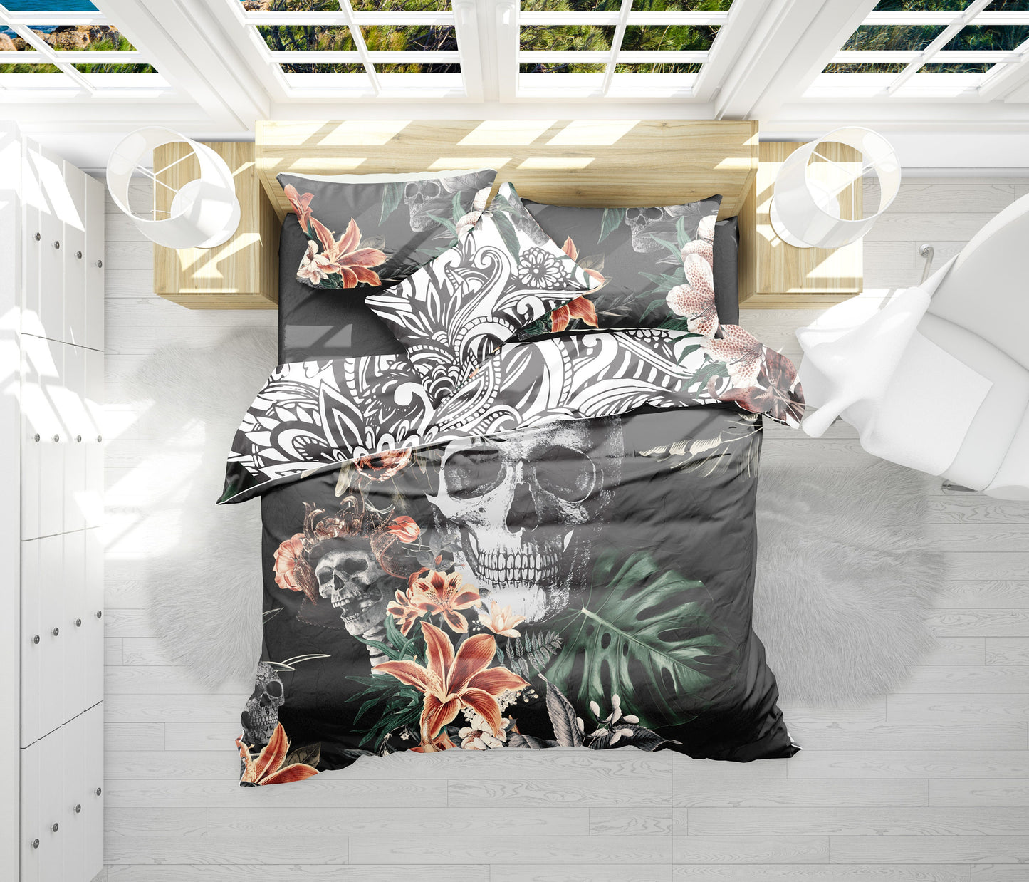 Romantic Skull Gothic design Bedding Set • 2 sided printed design • Personalised  • Duvet Cover Set With Pillowcases • Full Queen King