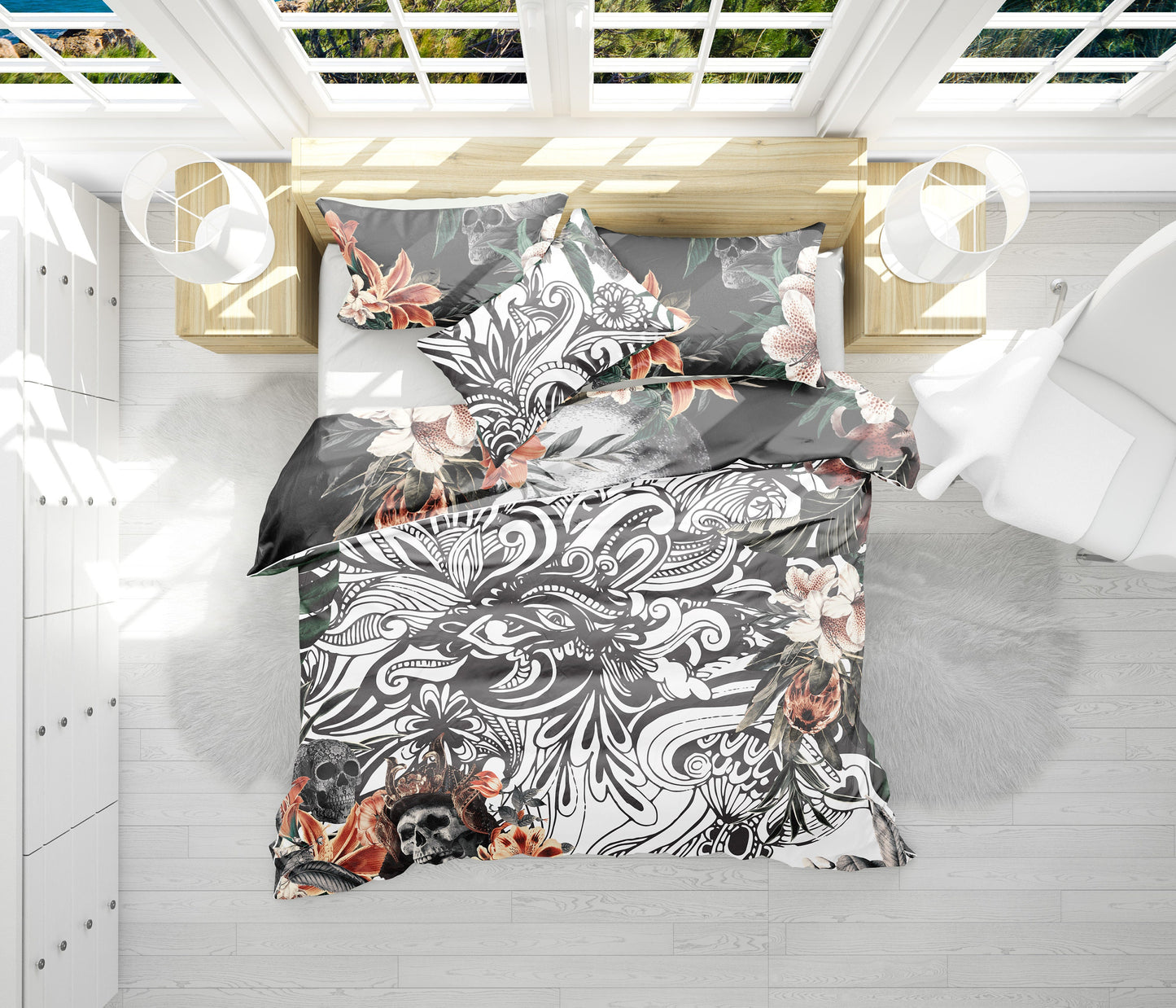 Romantic Skull Gothic design Bedding Set • 2 sided printed design • Personalised  • Duvet Cover Set With Pillowcases • Full Queen King