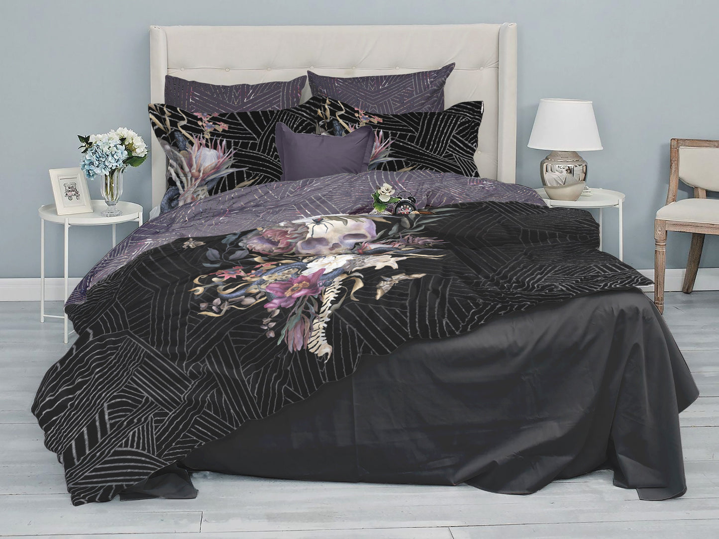 Romantic Skull Gothic design Bedding Set  • Personalised • Reversible design • Duvet Cover Set With Pillowcases • Full Queen King