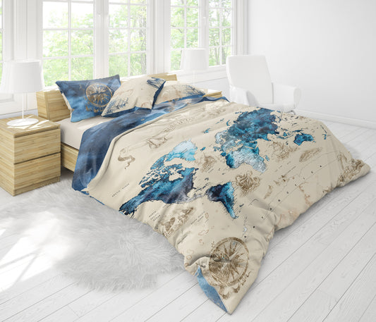 Vintage watercolour World map Bedding Set • Reversible design  •  100% Cotton • watercolour • duvet cover • king • queen • bedroom • gift