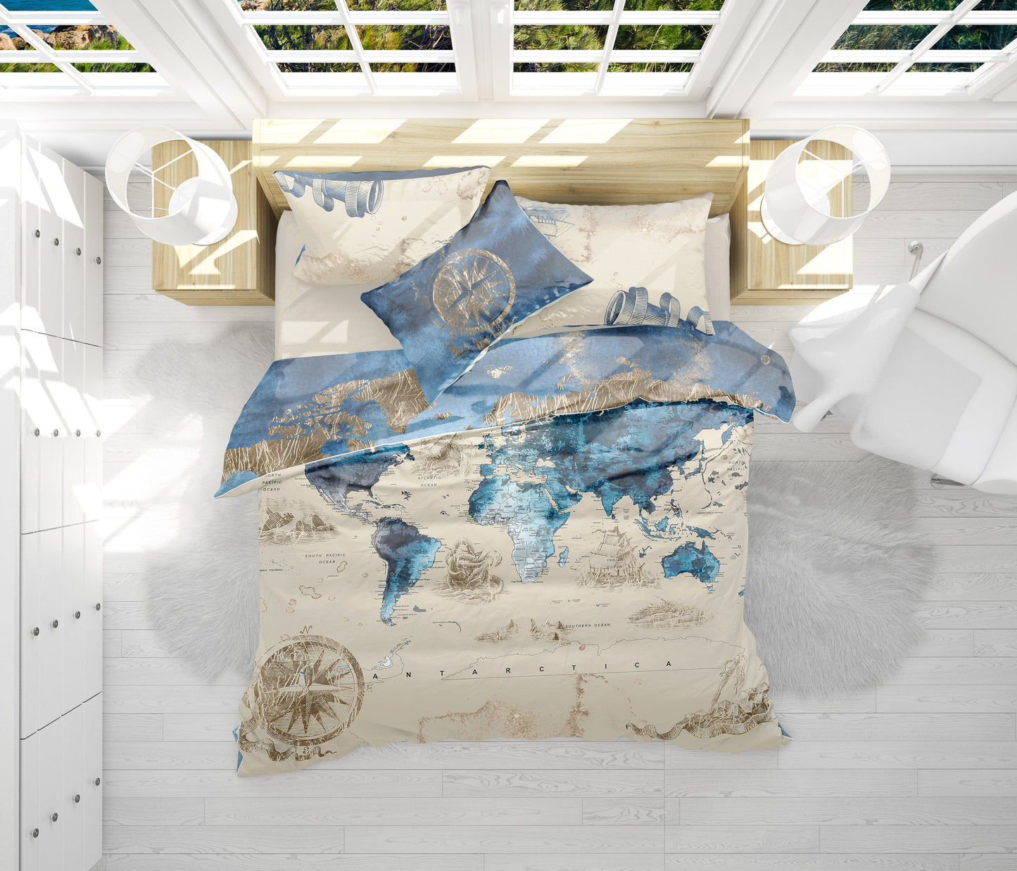 Vintage watercolour World map Bedding Set • Reversible design  •  100% Cotton • watercolour • duvet cover • king • queen • bedroom • gift