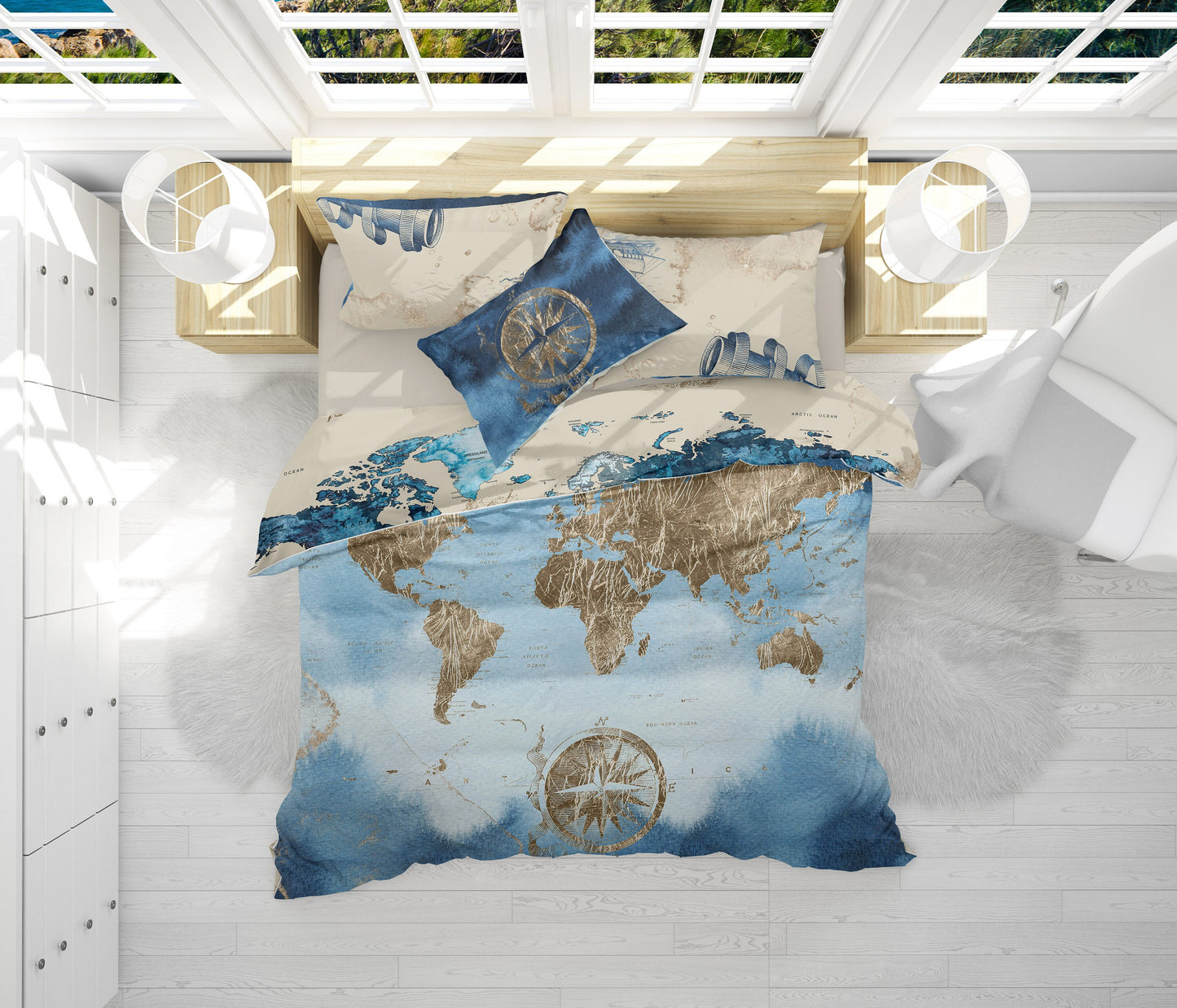 Juego de cama con mapa del mundo en acuarela vintage • Diseño reversible • 100% algodón • acuarela • funda nórdica • king • queen • dormitorio • regalo