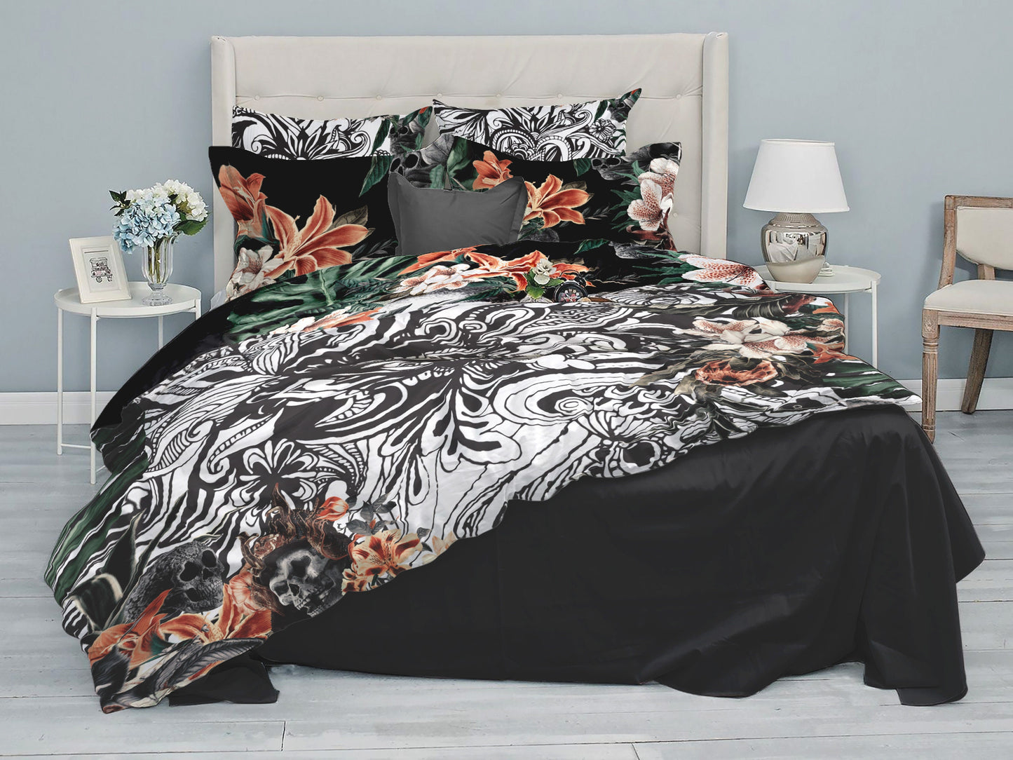 Romantic Skull Gothic design Bedding Set • 2 sided printed design • Personalised  • Duvet Cover Set With Pillowcases • Full Queen King