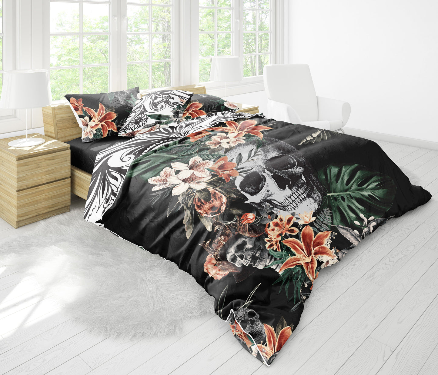 Romantic Skull Gothic design Bedding Set • 2 sided printed design • Personalised  • Duvet Cover Set With Pillowcases • Full Queen King