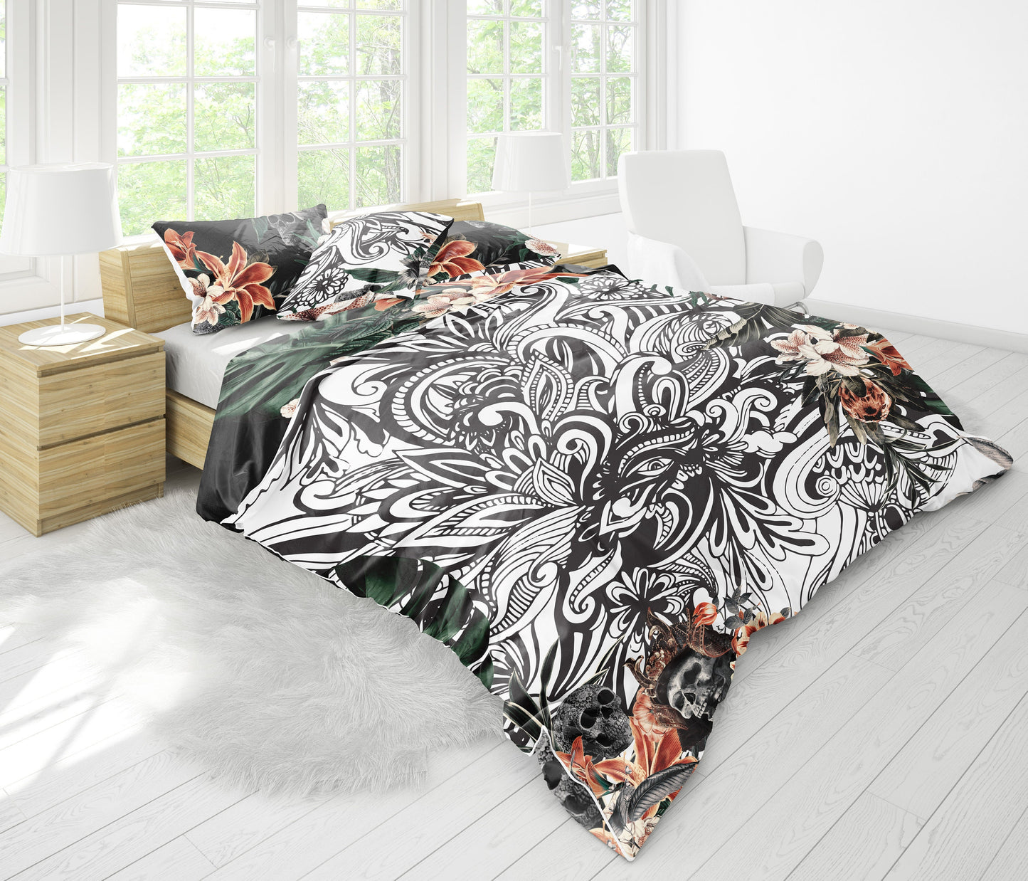 Romantic Skull Gothic design Bedding Set • 2 sided printed design • Personalised  • Duvet Cover Set With Pillowcases • Full Queen King