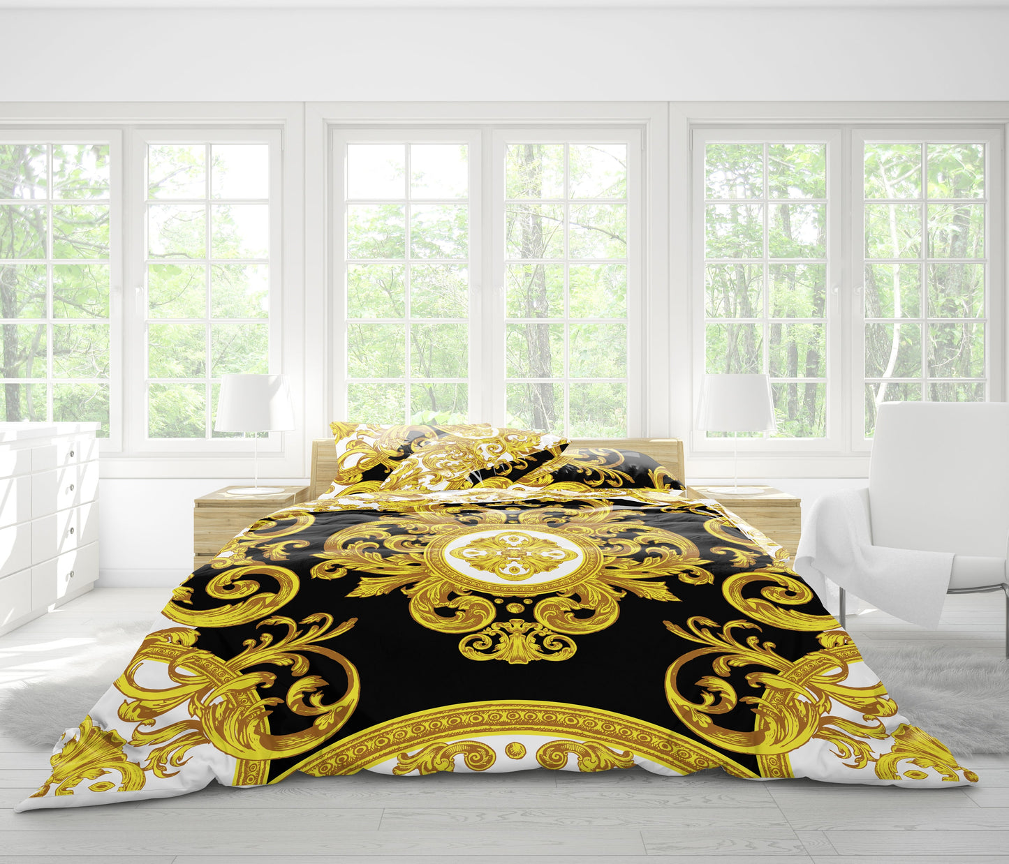 Juego de cama "Creta" Barroco Negro Amarillo Blanco Diseño romántico personalizado • Diseño reversible