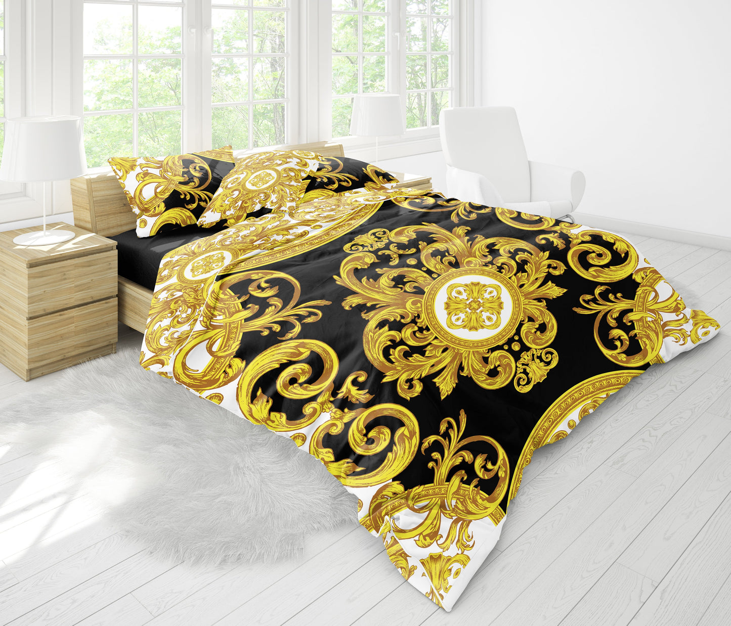 Juego de cama "Creta" Barroco Negro Amarillo Blanco Diseño romántico personalizado • Diseño reversible