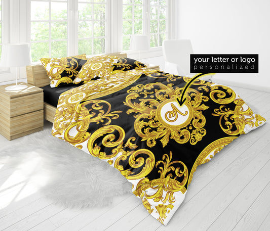 Juego de cama "Creta" Barroco Negro Amarillo Blanco Diseño romántico personalizado • Diseño reversible